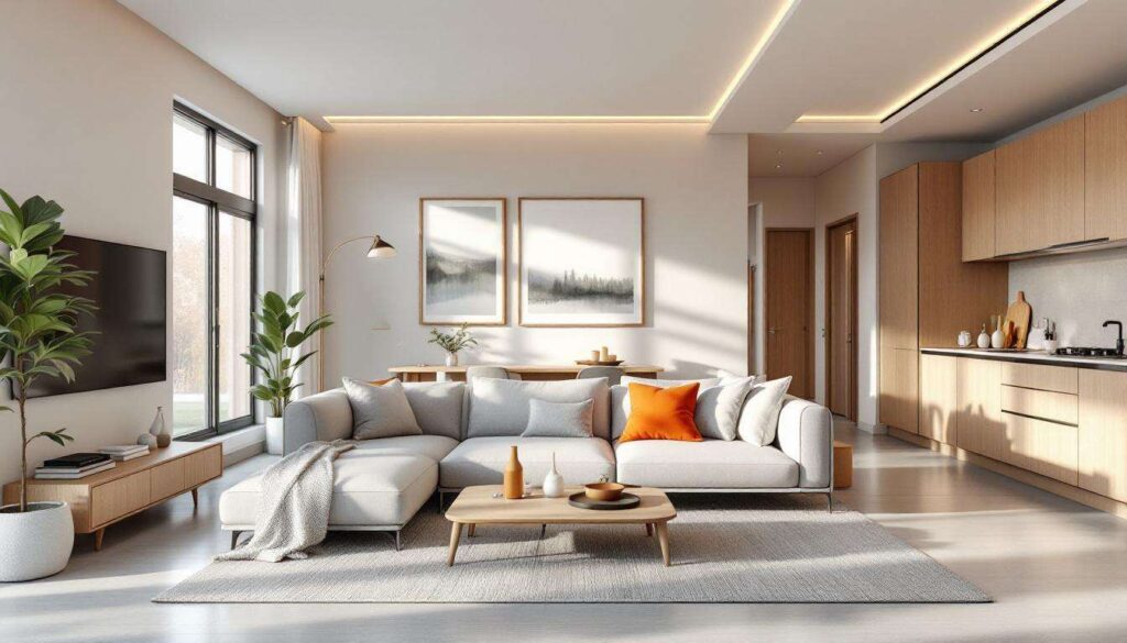 3 funzioni per un ambiente unico: soggiorno, cucina, ingresso. Progetto in 3D