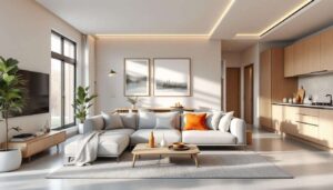 3 funzioni per un ambiente unico: soggiorno, cucina, ingresso. Progetto in 3D